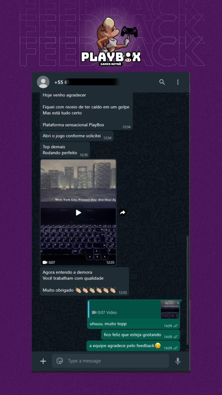Feedback de cliente Playbox (SACPBox / SACPlaybox) — depoimento 5