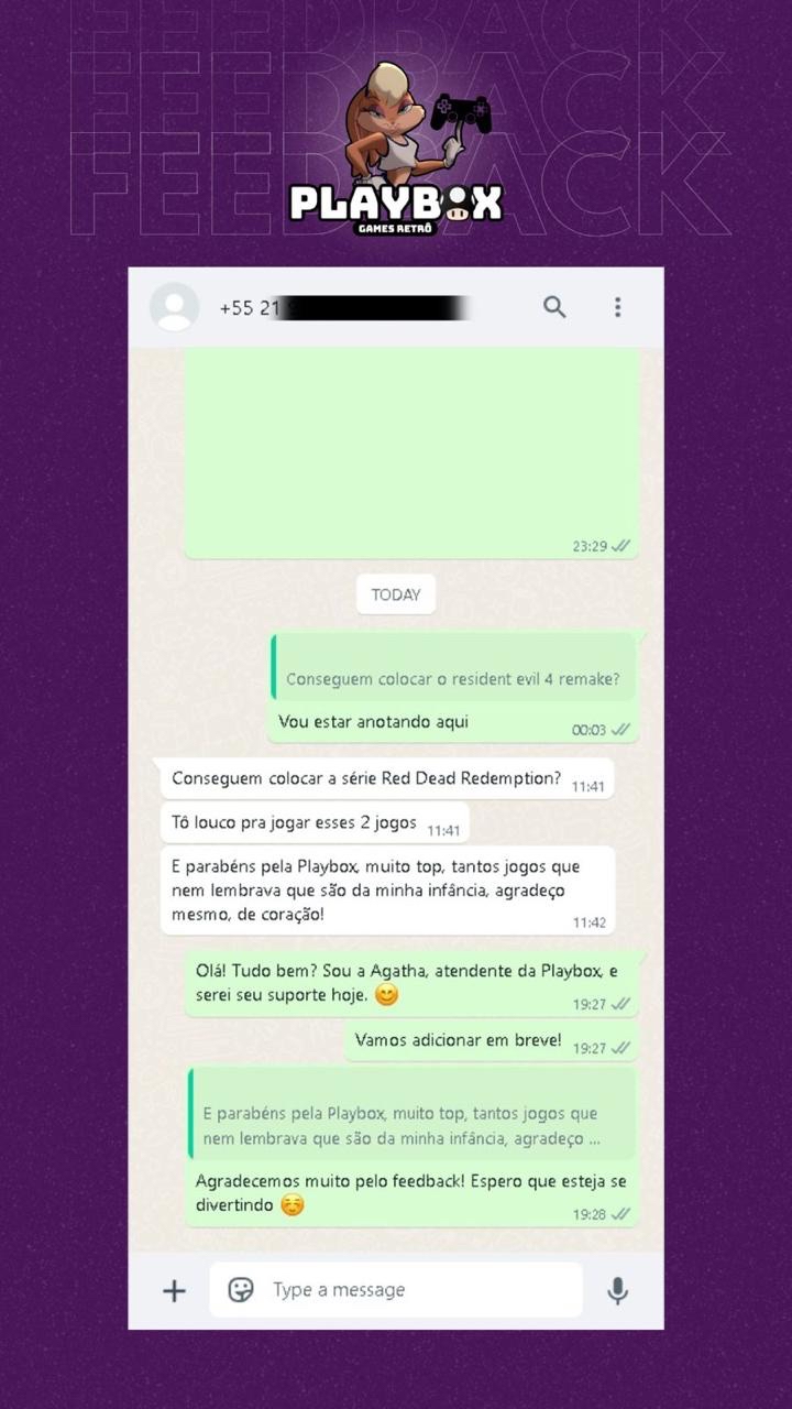 Feedback de cliente Playbox (SACPBox / SACPlaybox) — depoimento 6